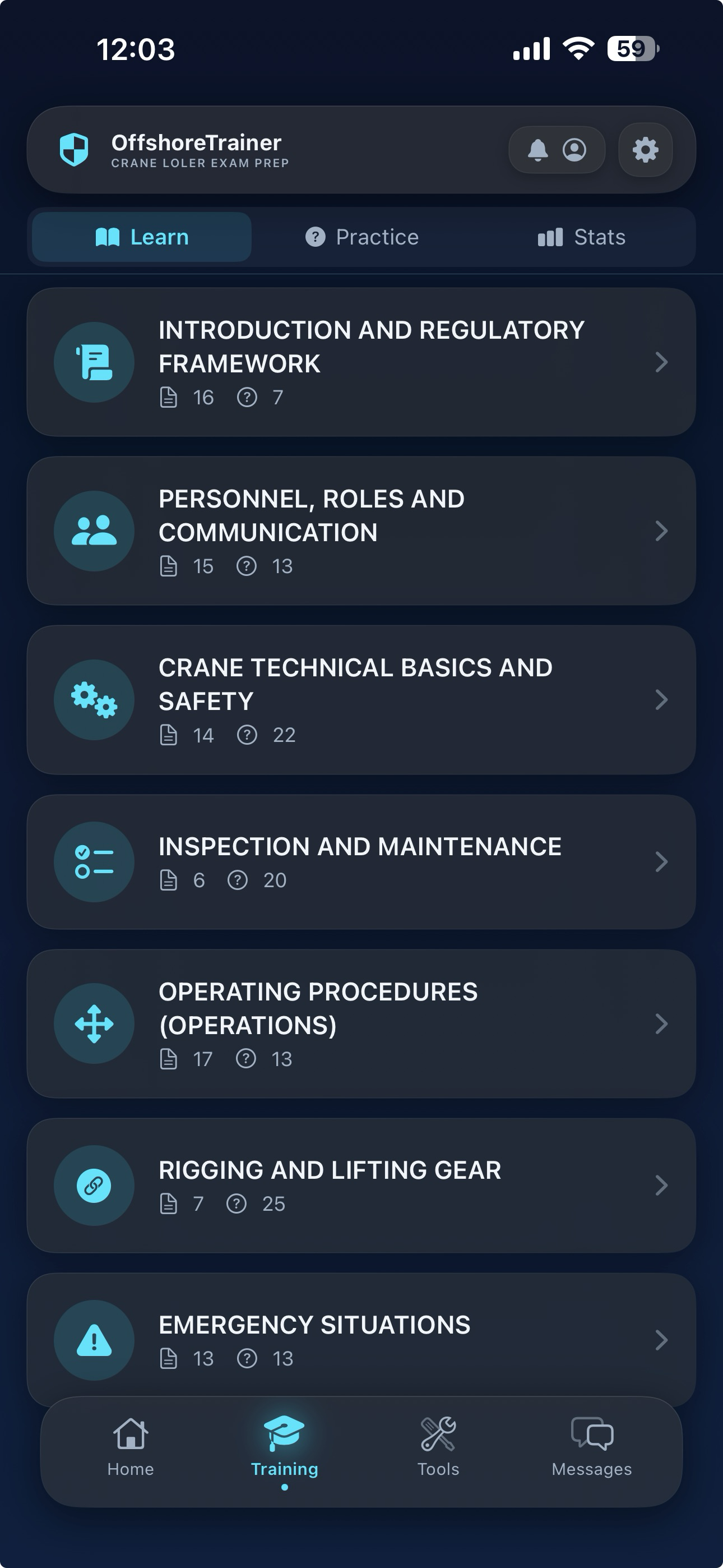 OffshoreTrainer learning topics screen