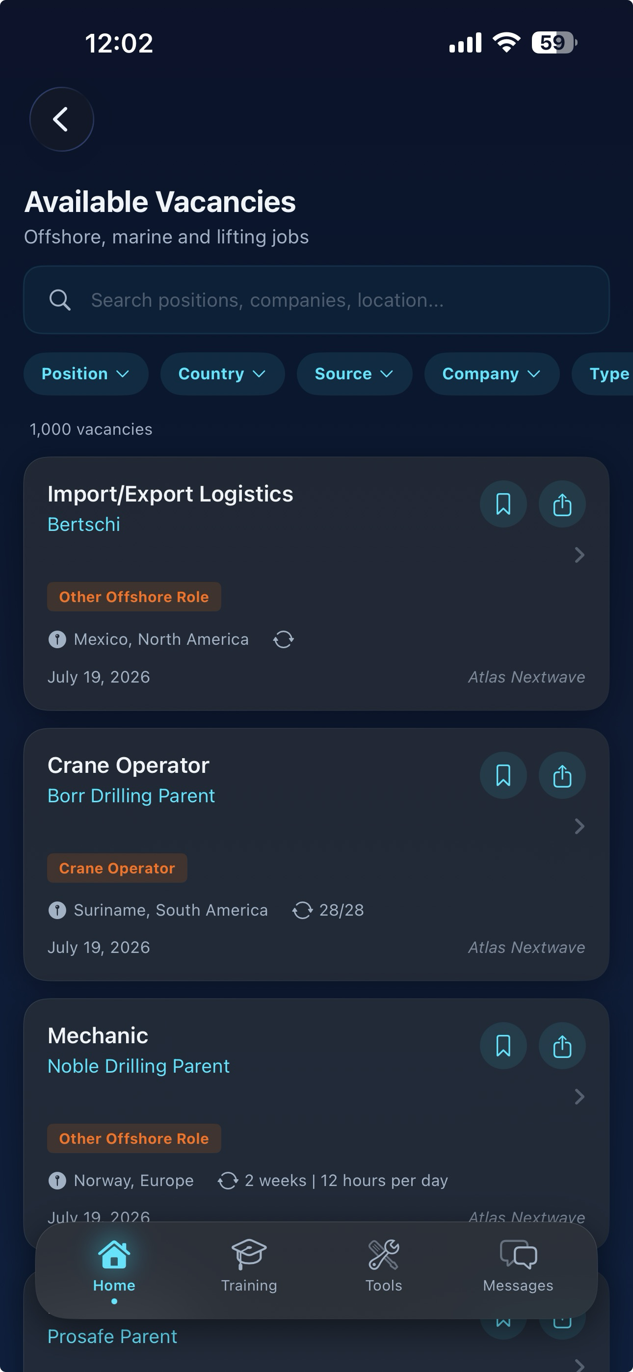 OffshoreTrainer vacancies screen